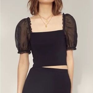 Aritzia Wilfred Black Sheer Puff Sleeve Square Neck Stanza Top Cropped Shirt